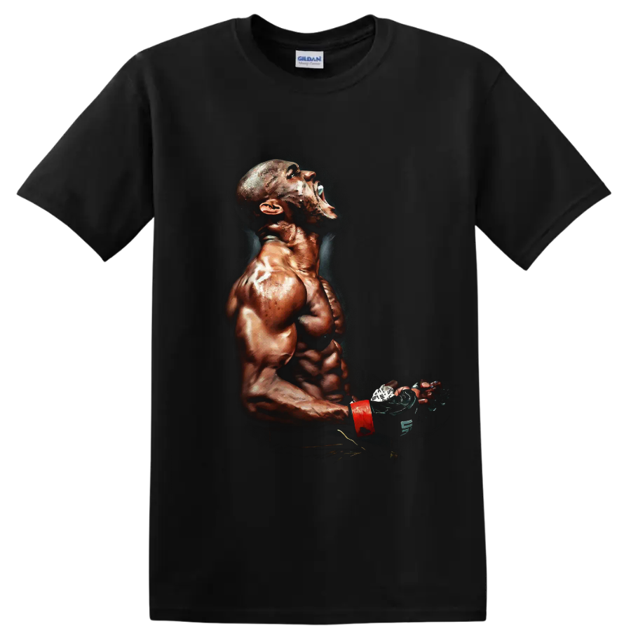 Kamaru Usman painterly MMA fighter portrait with glove and red wrist wrap on a Black T Shirt