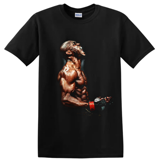 Kamaru Usman painterly MMA fighter portrait with glove and red wrist wrap on a Black T Shirt