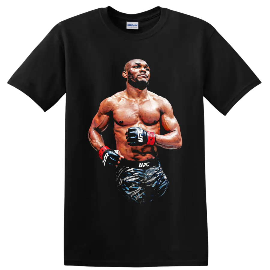 Kamaru Usman painterly MMA fighter portrait wearing UFC gloves and red wrist wraps on a Black T Shirt