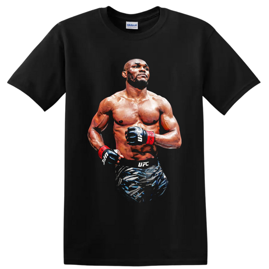 Kamaru Usman painterly MMA fighter portrait wearing UFC gloves and red wrist wraps on a Black T Shirt