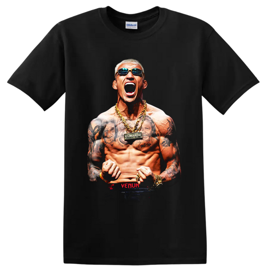 Charles Oliveira roaring tattooed fighter portrait with sunglasses and gold chains on a Black T Shirt
