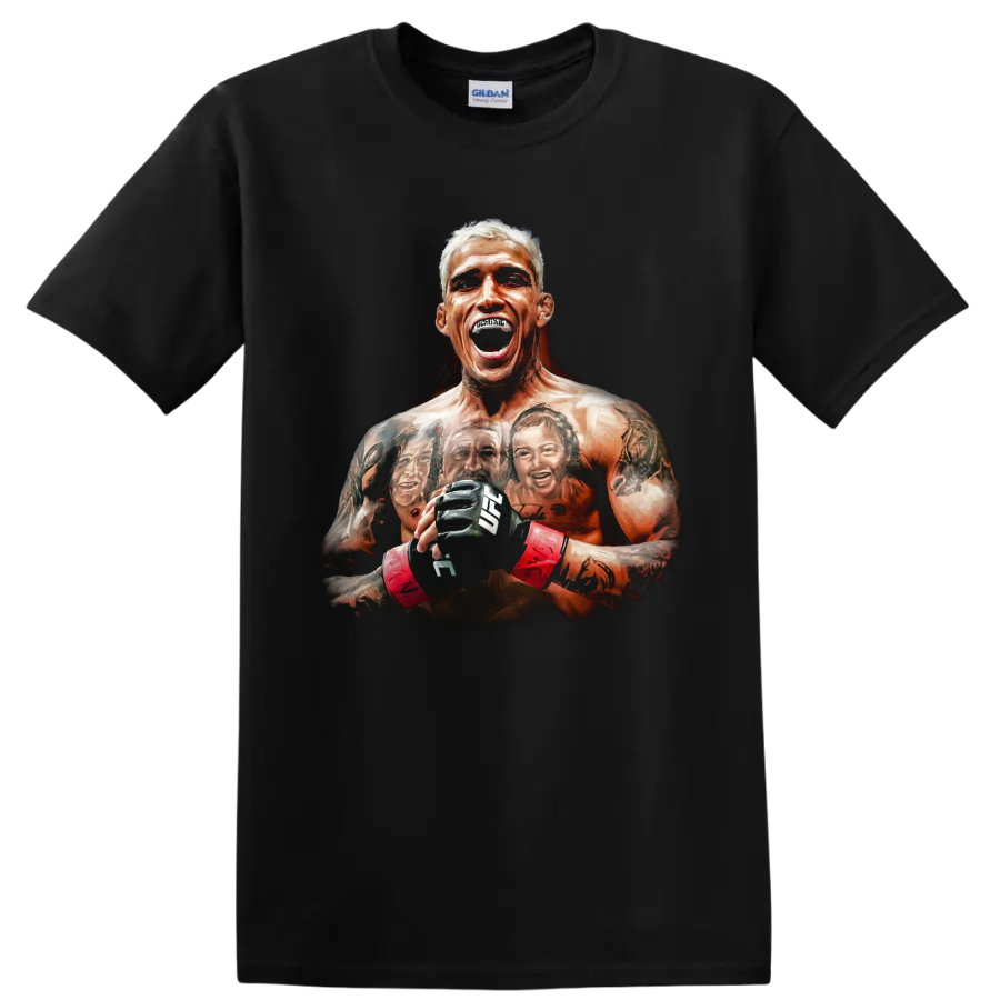 Charles Oliveira roaring MMA fighter portrait with gloves, red wraps, and tattoo artwork on a Black T Shirt