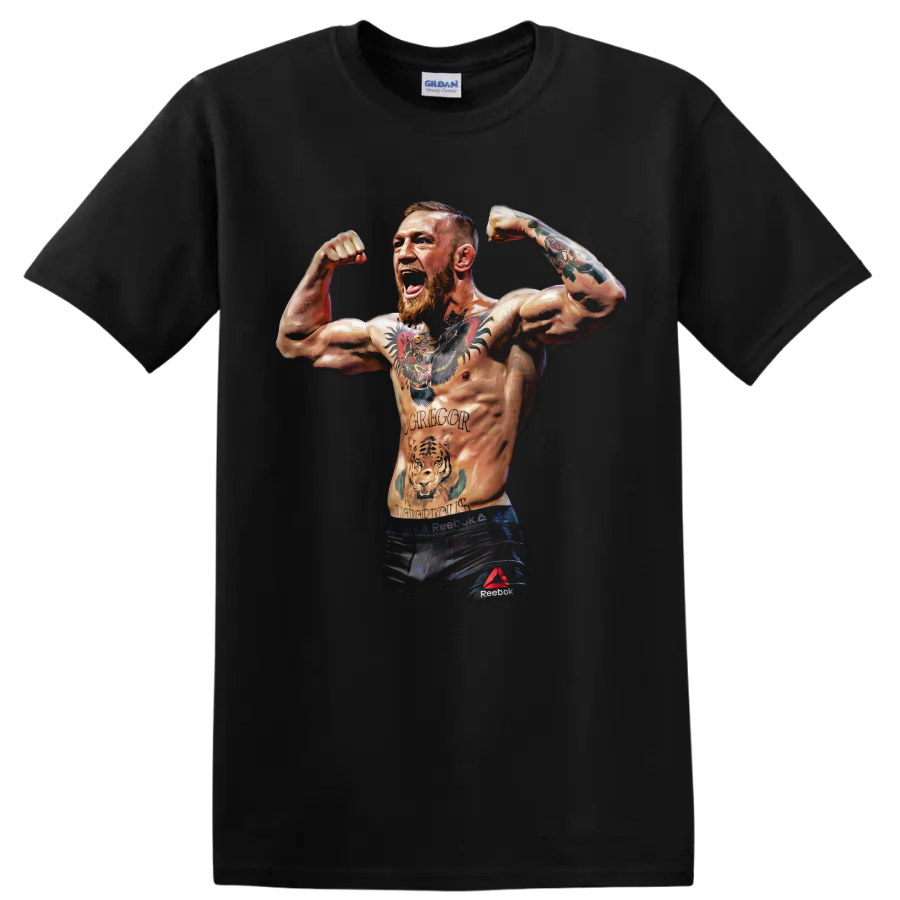 Conor McGregor flexing MMA fighter portrait with tattooed arms in painterly style on a Black T Shirt