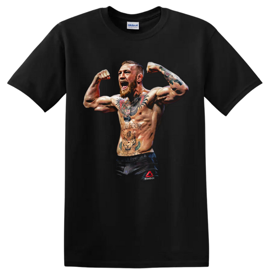 Conor McGregor flexing MMA fighter portrait with tattooed arms in painterly style on a Black T Shirt
