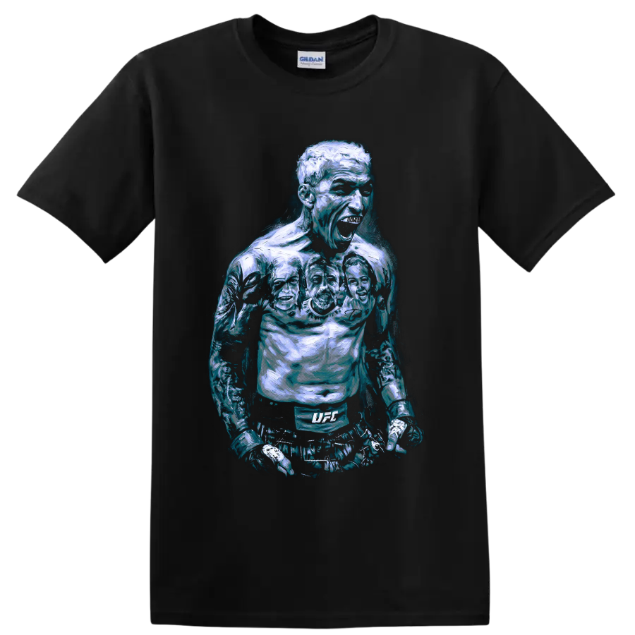 Charles Oliveira roaring MMA fighter portrait in icy blue painterly style on a Black T Shirt