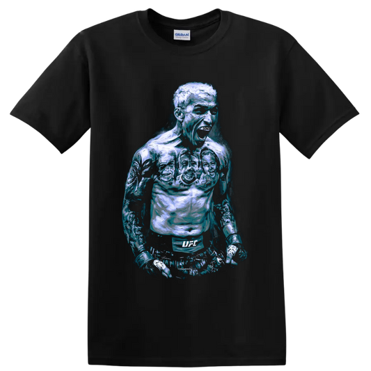 Charles Oliveira roaring MMA fighter portrait in icy blue painterly style on a Black T Shirt