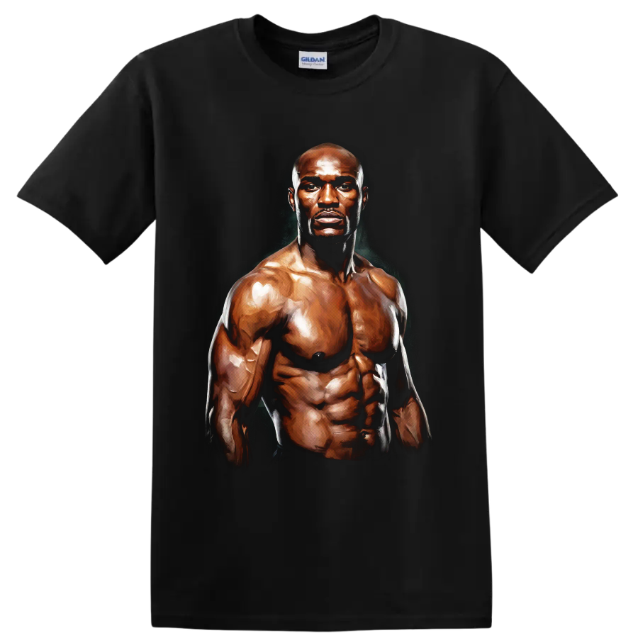 Painterly muscular Terry Crews fighter portrait with dramatic bronze highlights on a Black T Shirt