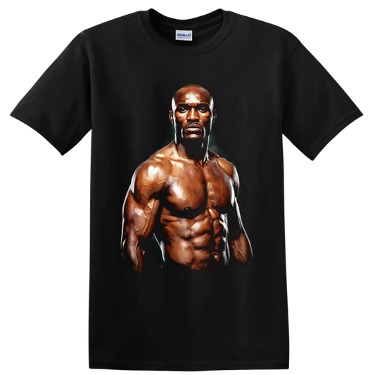 Painterly muscular Terry Crews fighter portrait with dramatic bronze highlights on a Black T Shirt