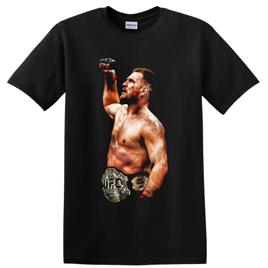 Jan Blachowicz painterly MMA champion portrait with raised glove and gold belt on a Black T Shirt