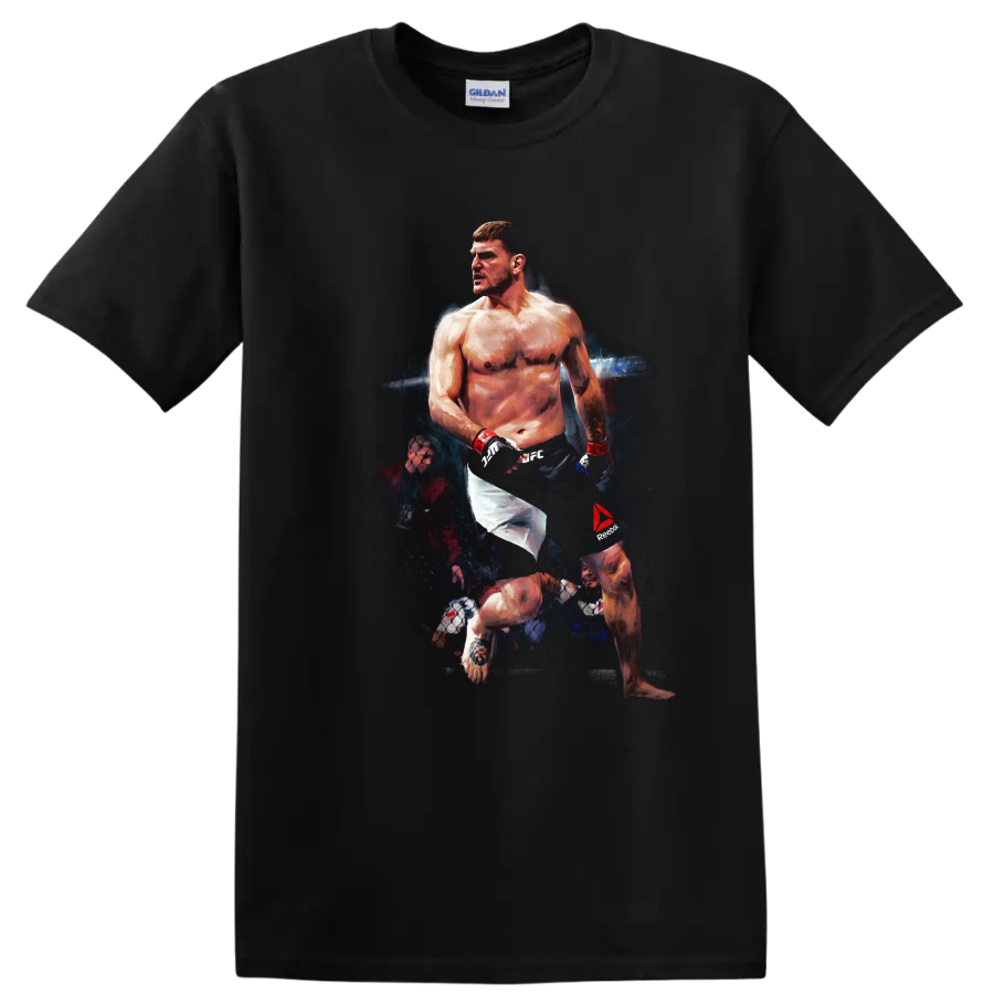 Tony Ferguson El Cucuy painted MMA fighter portrait in a dramatic cage on a Black T Shirt