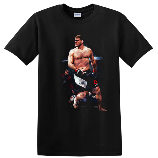 Tony Ferguson El Cucuy painted MMA fighter portrait in a dramatic cage on a Black T Shirt