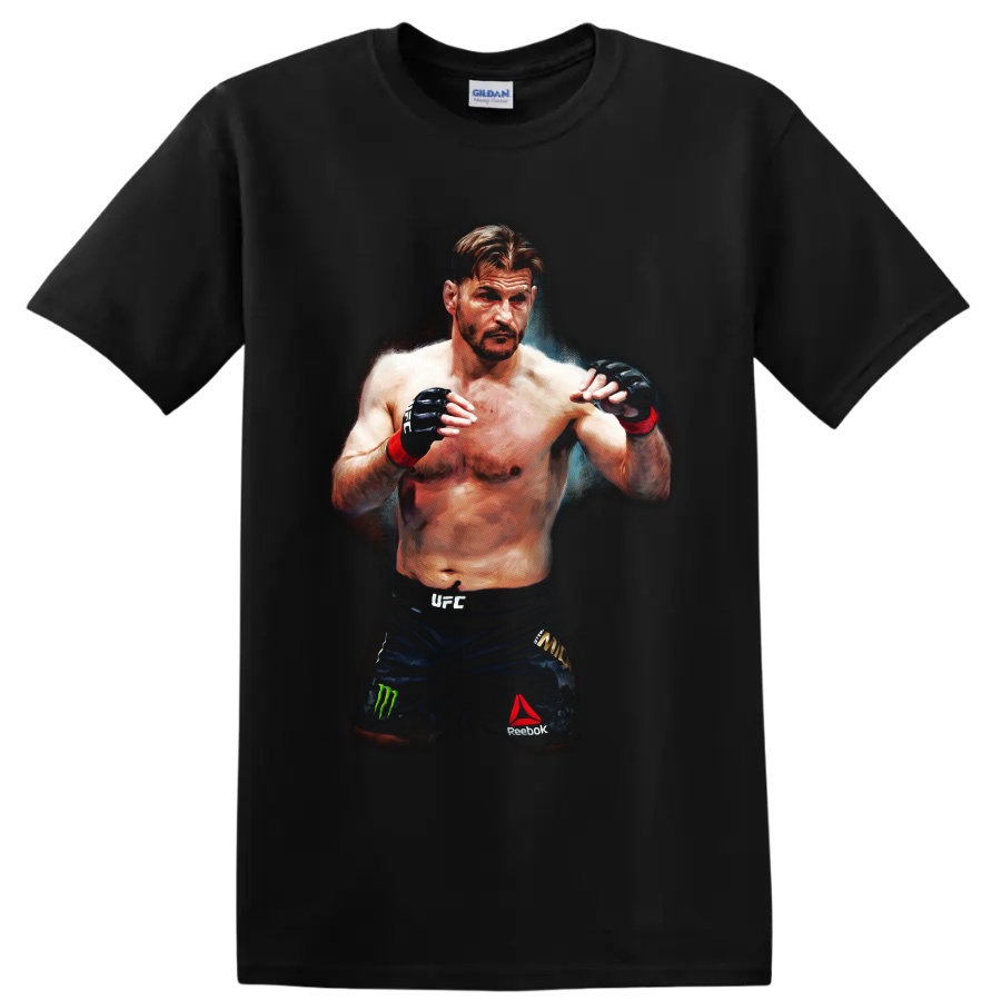 Stipe Miocic MMA fighter portrait in a guarded stance with painterly arena lighting on a Black T Shirt