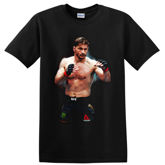 Stipe Miocic MMA fighter portrait in a guarded stance with painterly arena lighting on a Black T Shirt