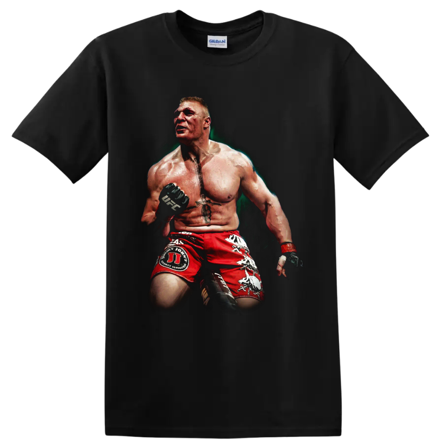 Brock Lesnar MMA portrait in red fight shorts with gloves and dramatic painted shading on a Black T Shirt