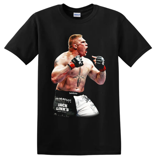 Brock Lesnar roaring in a raised-fist MMA fighter portrait graphic on a Black T Shirt
