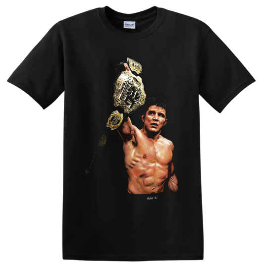 Demetrious Johnson painted MMA portrait raising a gold championship belt on a Black T Shirt