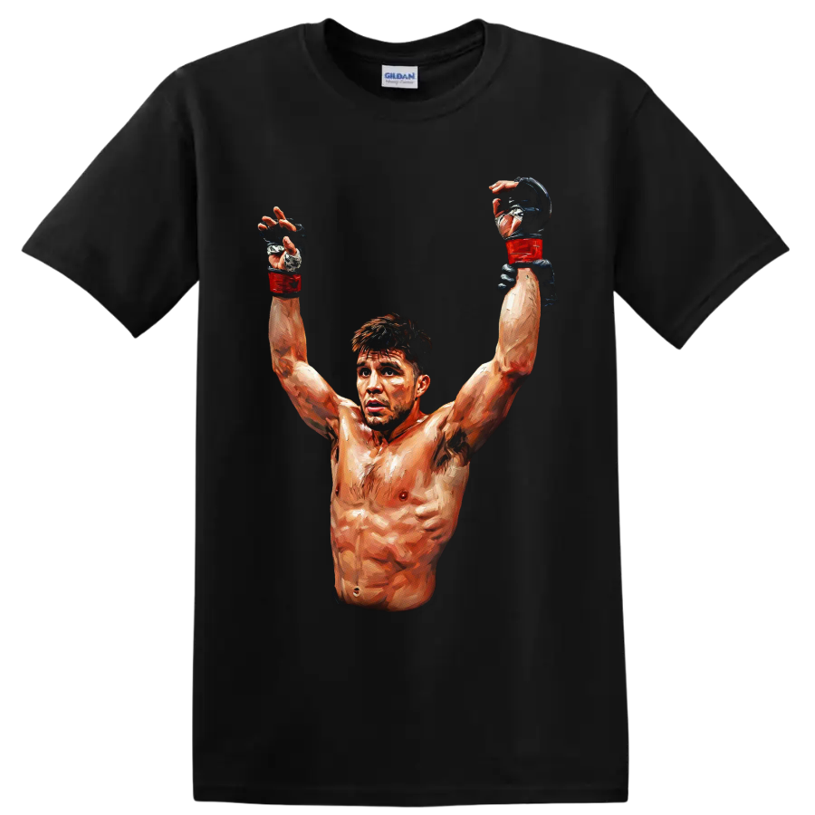Gennady Golovkin painterly boxing victory portrait with raised red gloves on a Black T Shirt