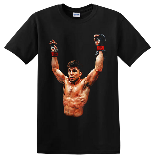 Gennady Golovkin painterly boxing victory portrait with raised red gloves on a Black T Shirt