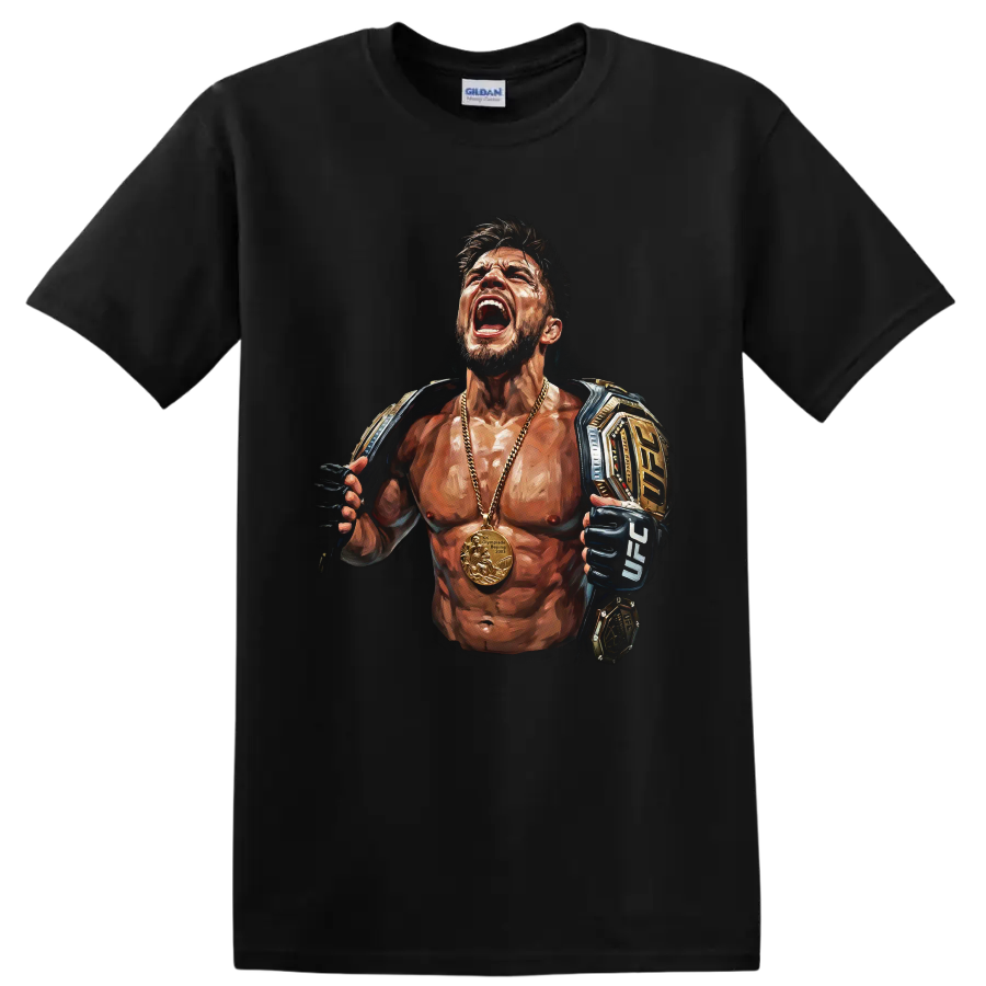 Henry Cejudo Triple C painted MMA champion portrait with belts, gloves, and gold medal on a Black T Shirt