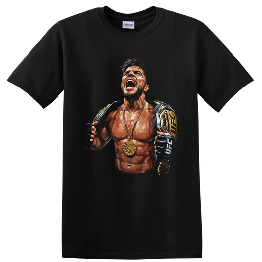 Henry Cejudo Triple C painted MMA champion portrait with belts, gloves, and gold medal on a Black T Shirt