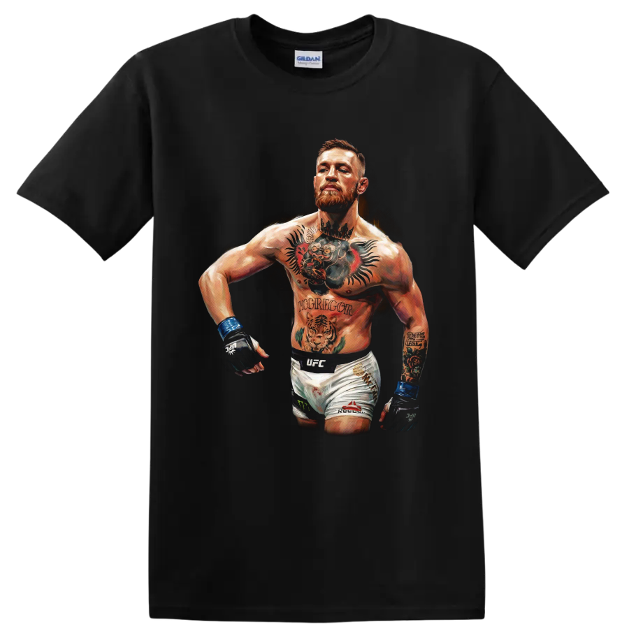 Conor McGregor tattooed MMA fighter portrait in dramatic painted illustration style on a Black T Shirt