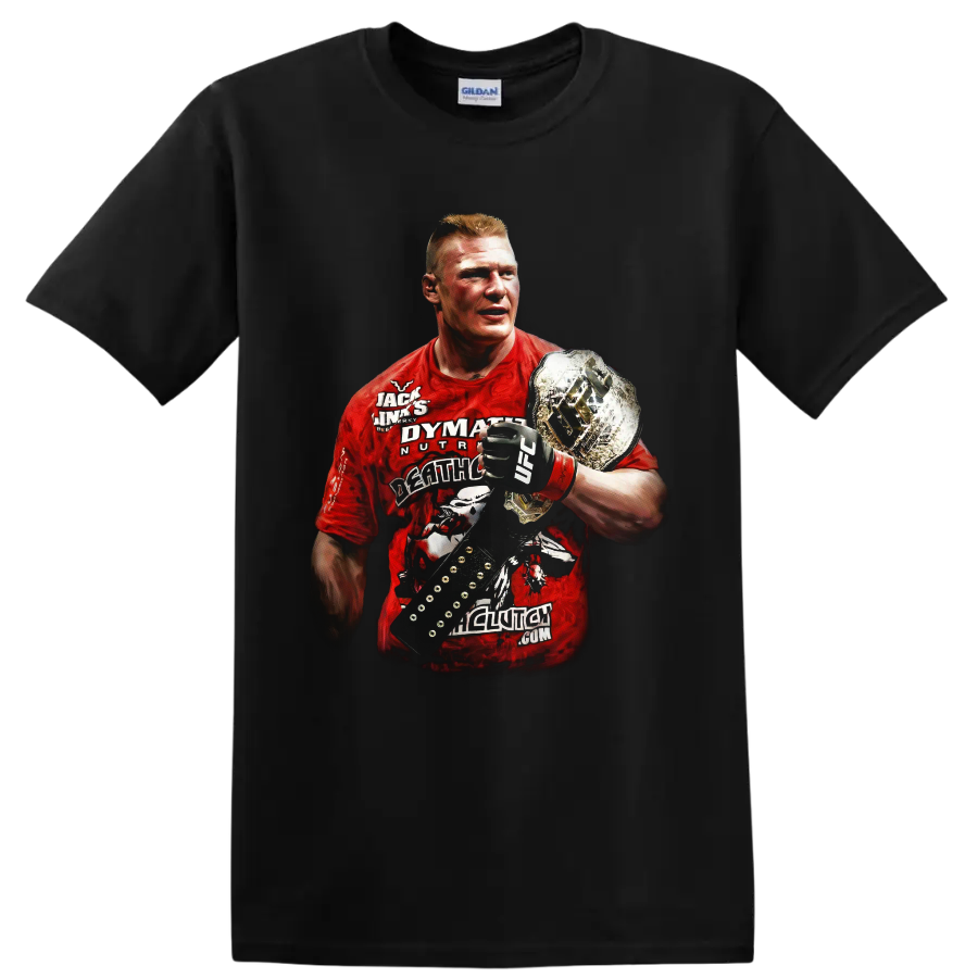 Brock Lesnar portrait with MMA glove and championship belt in dramatic graphic style on a Black T Shirt