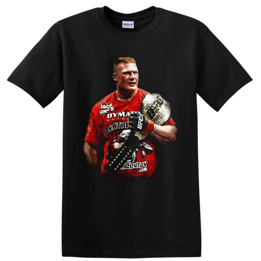 Brock Lesnar portrait with MMA glove and championship belt in dramatic graphic style on a Black T Shirt