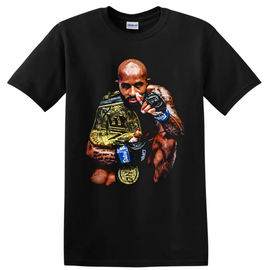Demetrious Johnson painterly MMA portrait holding gold championship belts on a Black T Shirt