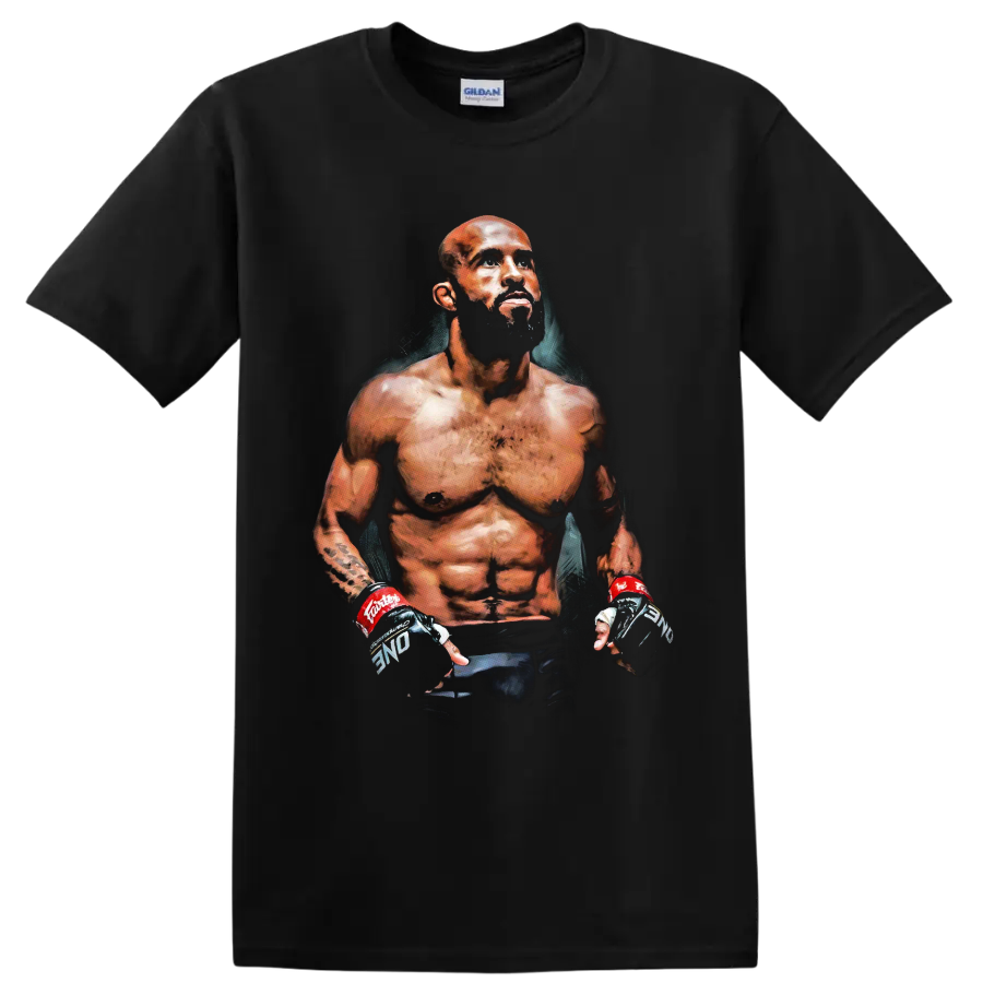 Demetrious Johnson painterly MMA fighter portrait with training gloves on a Black T Shirt