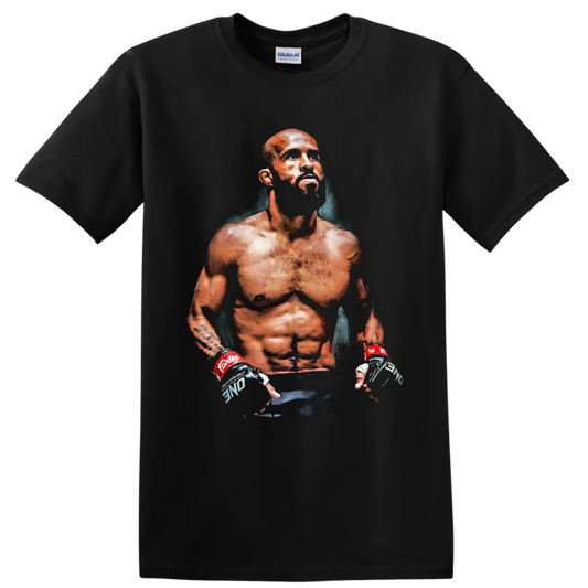 Demetrious Johnson painterly MMA fighter portrait with training gloves on a Black T Shirt