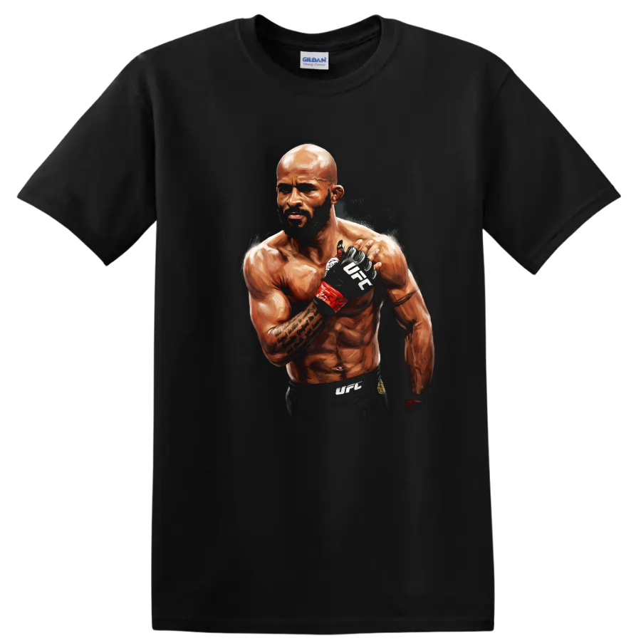 Painted portrait of Demetrious Johnson in MMA gloves with red wraps on a Black T Shirt