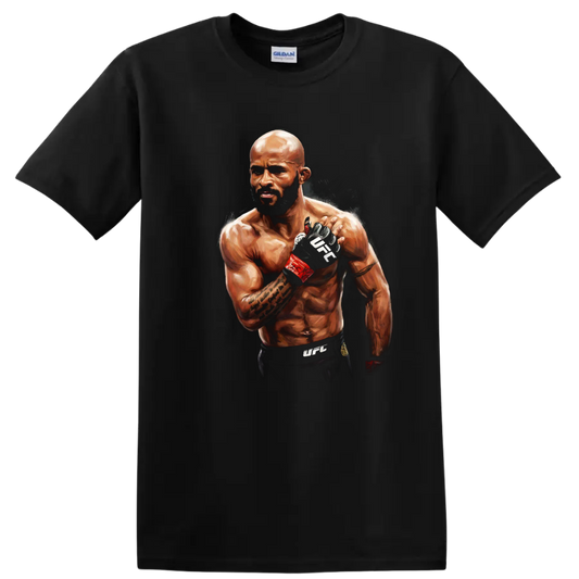 Painted portrait of Demetrious Johnson in MMA gloves with red wraps on a Black T Shirt