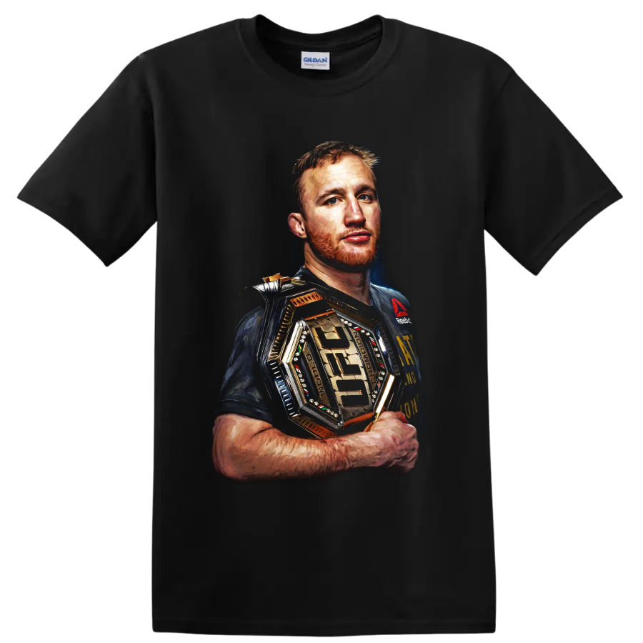 Justin Gaethje painterly MMA portrait holding a gold-toned championship belt on a Black T Shirt