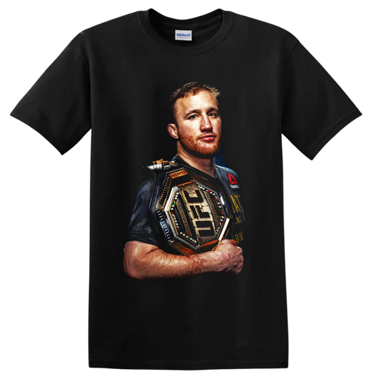Justin Gaethje painterly MMA portrait holding a gold-toned championship belt on a Black T Shirt