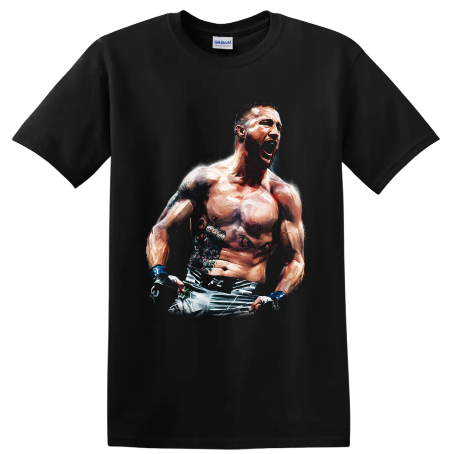 Conor McGregor roaring MMA fighter portrait in dramatic painterly action art on a Black T Shirt
