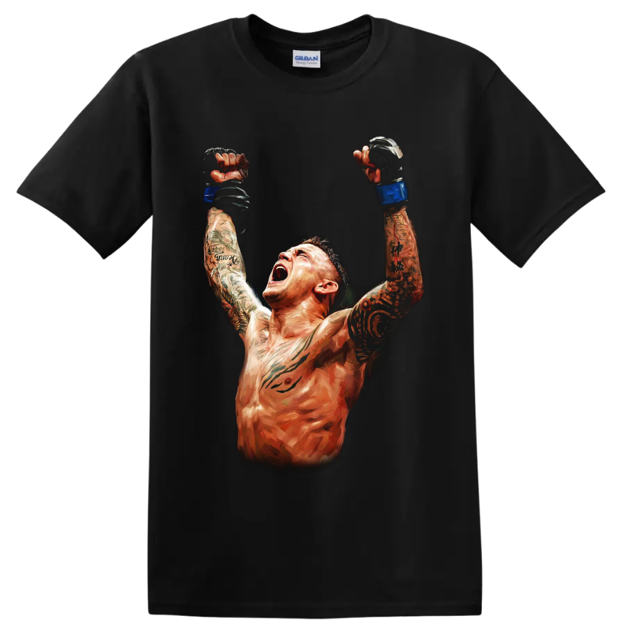 Dustin Poirier painterly MMA victory portrait with raised blue-gloved fists on a Black T Shirt