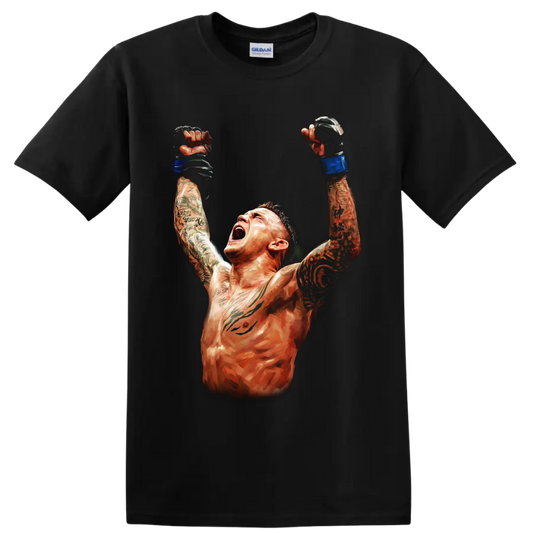 Dustin Poirier painterly MMA victory portrait with raised blue-gloved fists on a Black T Shirt
