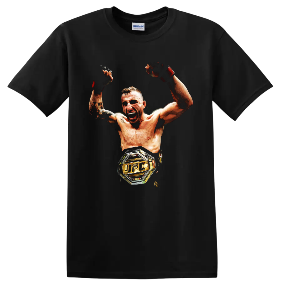 Alexander Volkanovski victory portrait with raised gloves and UFC championship belt on a Black T Shirt