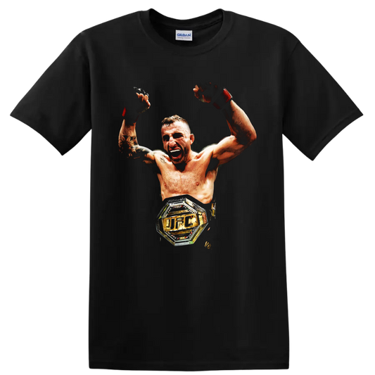 Alexander Volkanovski victory portrait with raised gloves and UFC championship belt on a Black T Shirt