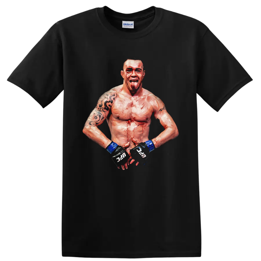 Erwin Smith MMA fighter in a bloodied painterly combat portrait with blue wrist wraps on a Black T Shirt