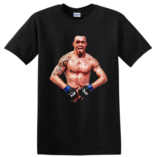 Erwin Smith MMA fighter in a bloodied painterly combat portrait with blue wrist wraps on a Black T Shirt