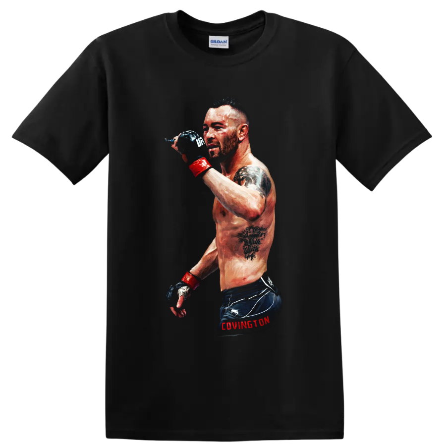 Painted portrait of Colby Covington in MMA gloves and fight shorts on a Black T Shirt