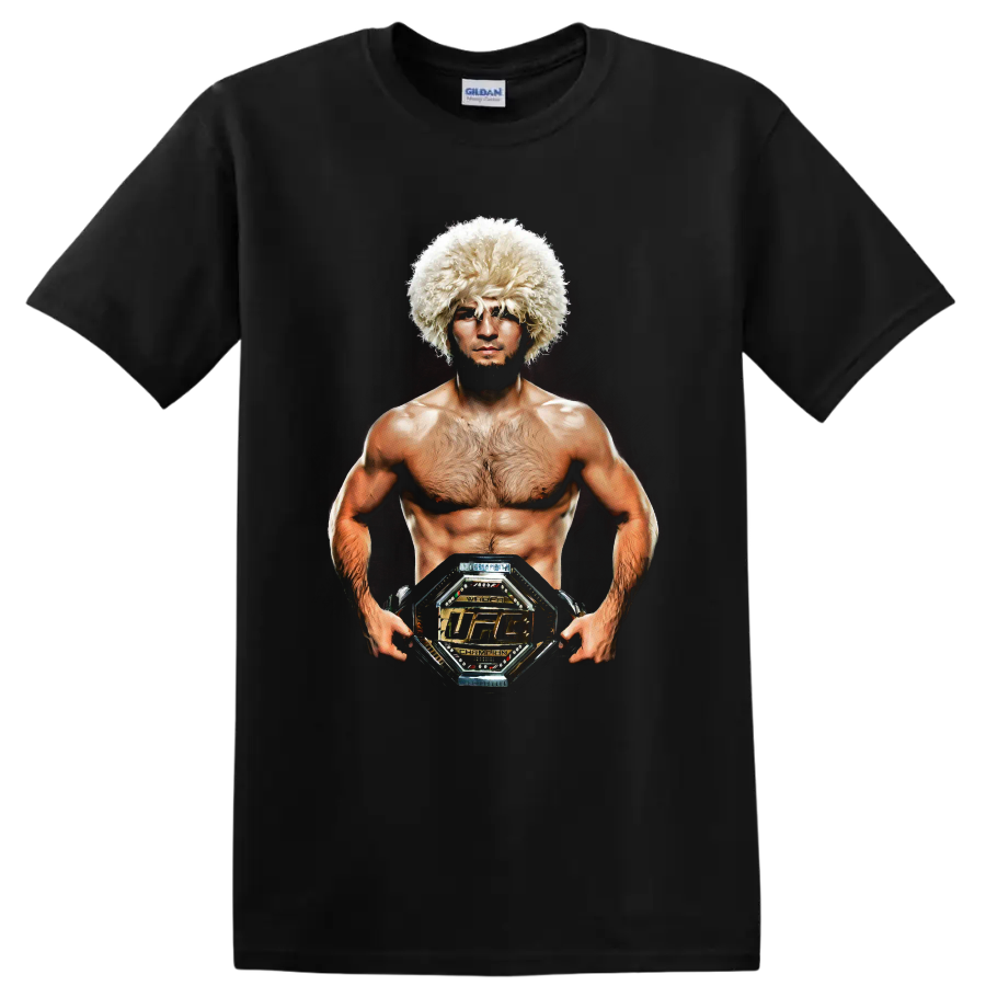 Khabib Nurmagomedov realistic portrait wearing a papakha and holding a championship belt on a Black T Shirt