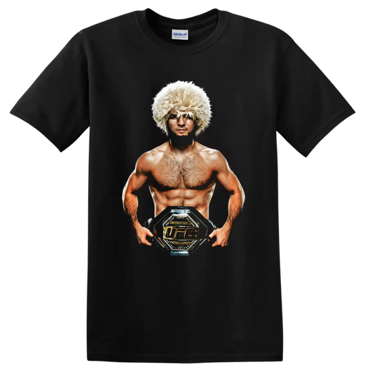 Khabib Nurmagomedov realistic portrait wearing a papakha and holding a championship belt on a Black T Shirt
