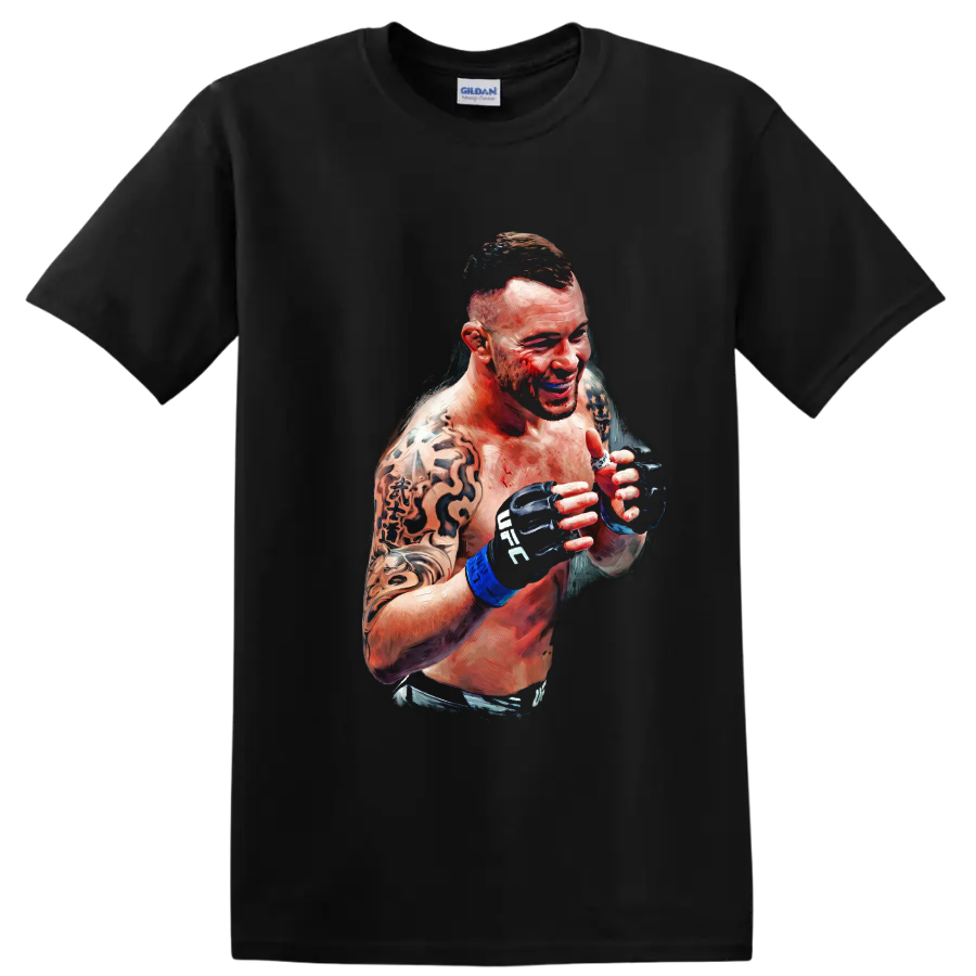 Dustin Poirier painterly MMA portrait with raised gloves and tattooed arms on a Black T Shirt