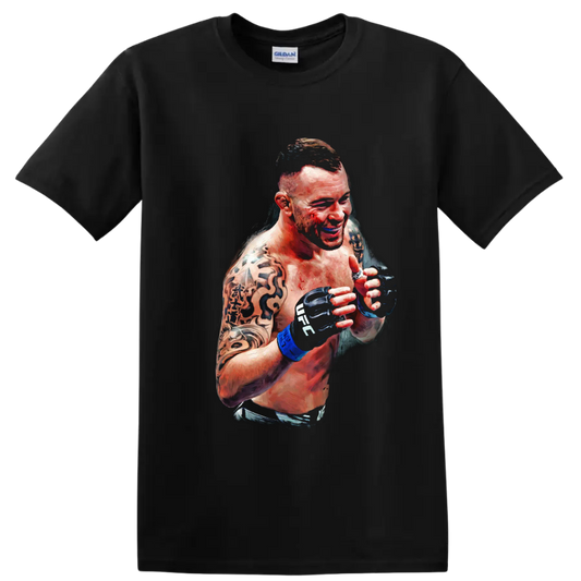 Dustin Poirier painterly MMA portrait with raised gloves and tattooed arms on a Black T Shirt