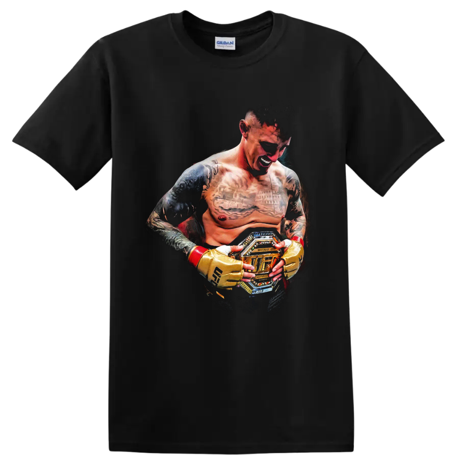 Charles Oliveira MMA fighter portrait holding championship belt in dramatic fan art on a Black T Shirt