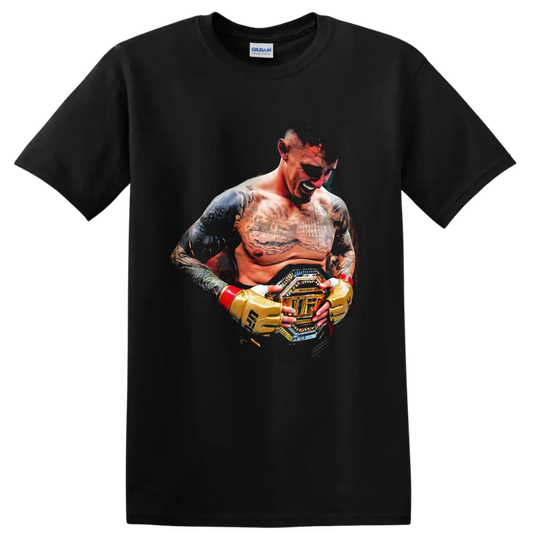 Charles Oliveira MMA fighter portrait holding championship belt in dramatic fan art on a Black T Shirt