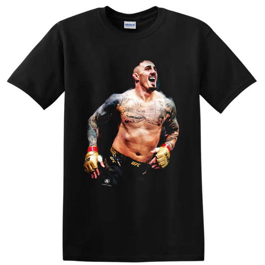Charles Oliveira shouting in a painted MMA portrait with tattoos and gold gloves on a Black T Shirt