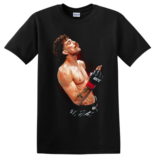 Quillan Salkilld painted MMA portrait with UFC gloves and red splatter backdrop on a Black T Shirt